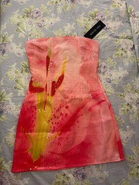 White Fox Boutique Pink and Yellow Sequin Strapless Mini Dress
